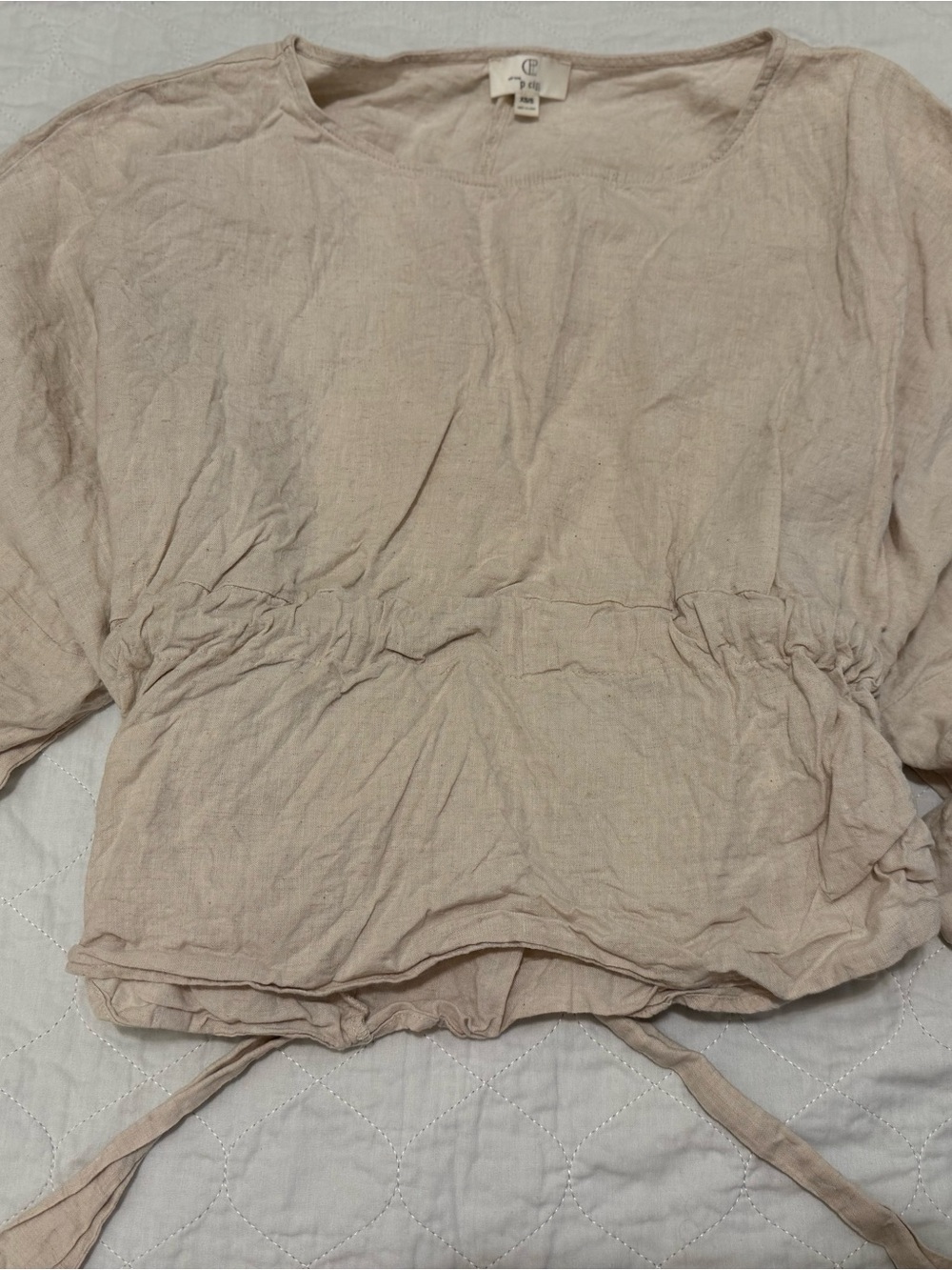 Light Beige Drawstring Linen Top